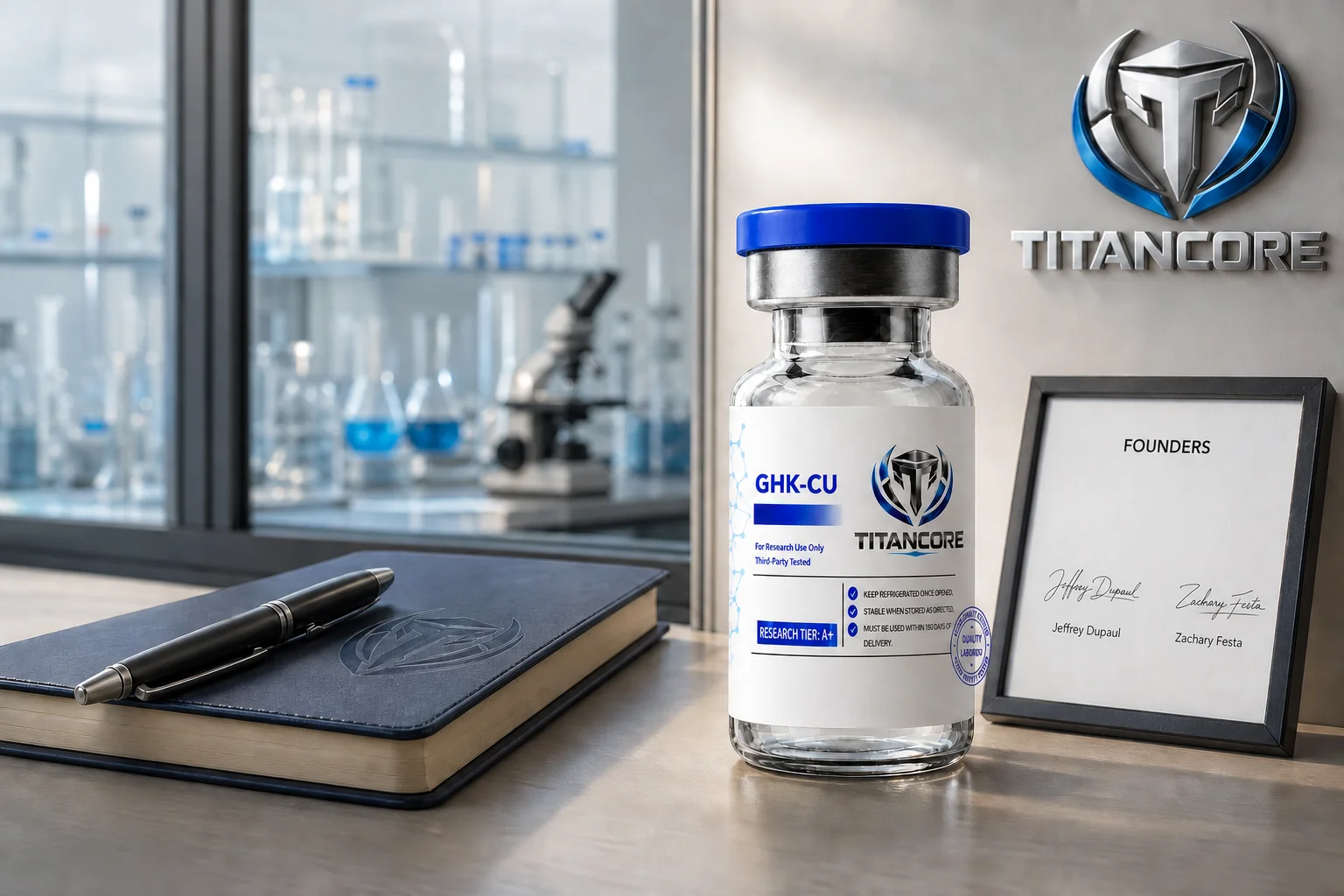 Titan Core research peptide vial with cobalt-blue cap on a lab desk beside the Titan Core emblem and the founders' signature frame