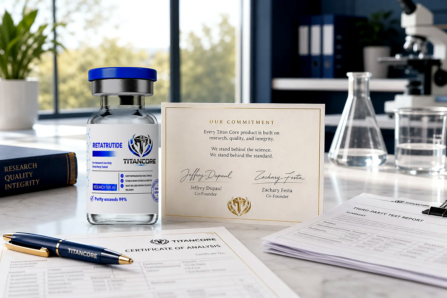 Titan Core commitment card signed by co-founders Jeffrey Dupaul and Zachary Festa beside a Titan Core vial, certificate of analysis and third-party test report