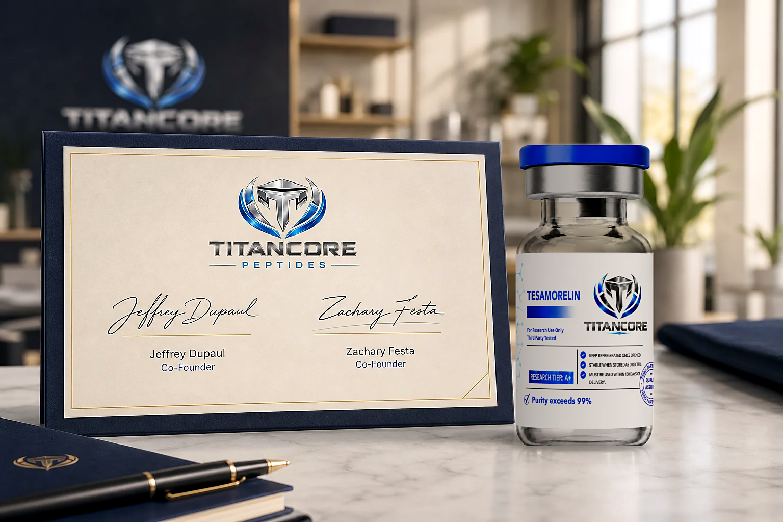 Framed Titan Core card signed by co-founders Jeffrey Dupaul and Zachary Festa beside a Titan Core research vial with a cobalt-blue cap