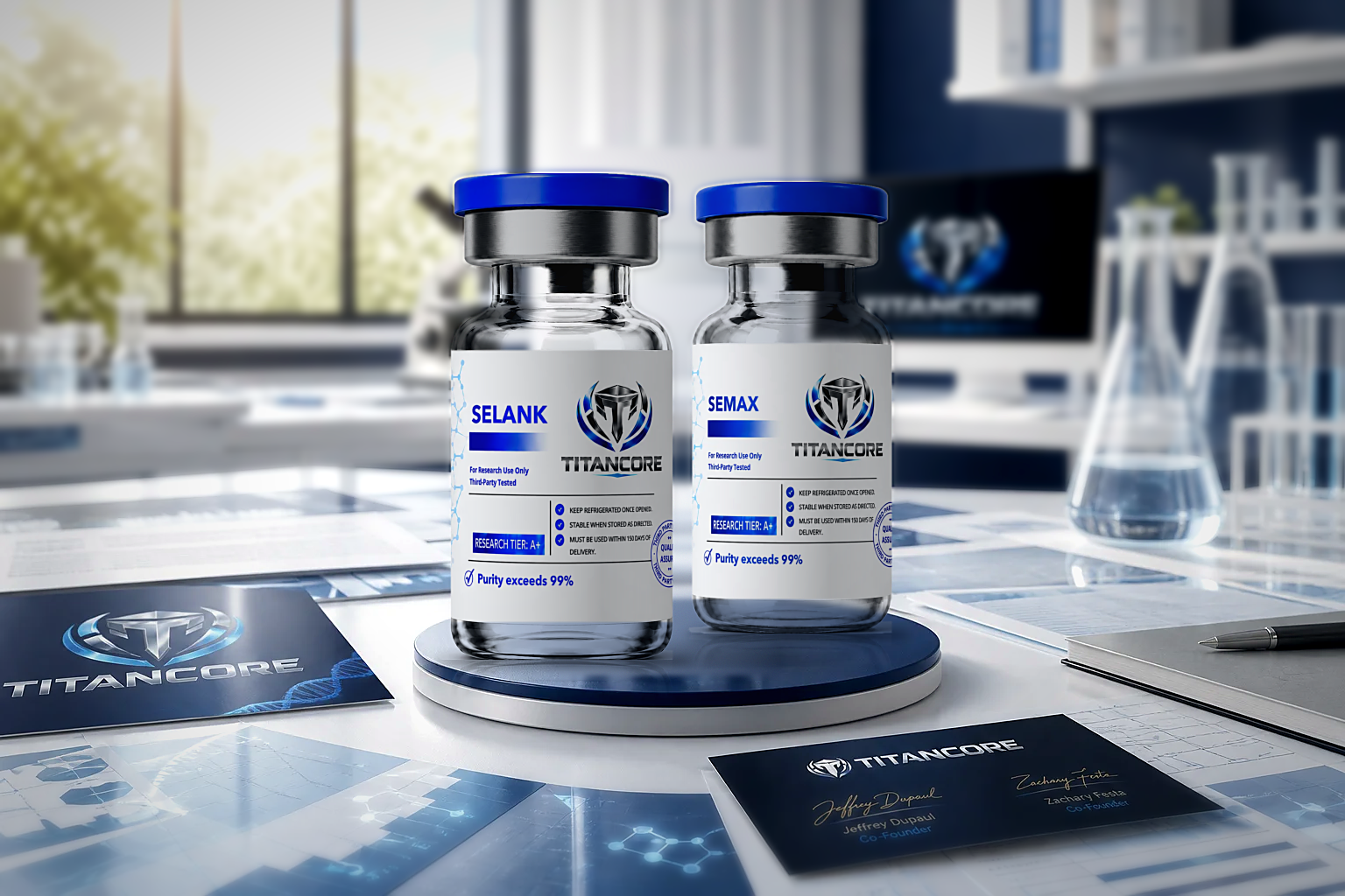 Titan Core research vial with cobalt-blue cap on a navy display stand in a bright laboratory, surrounded by Titan Core brand cards