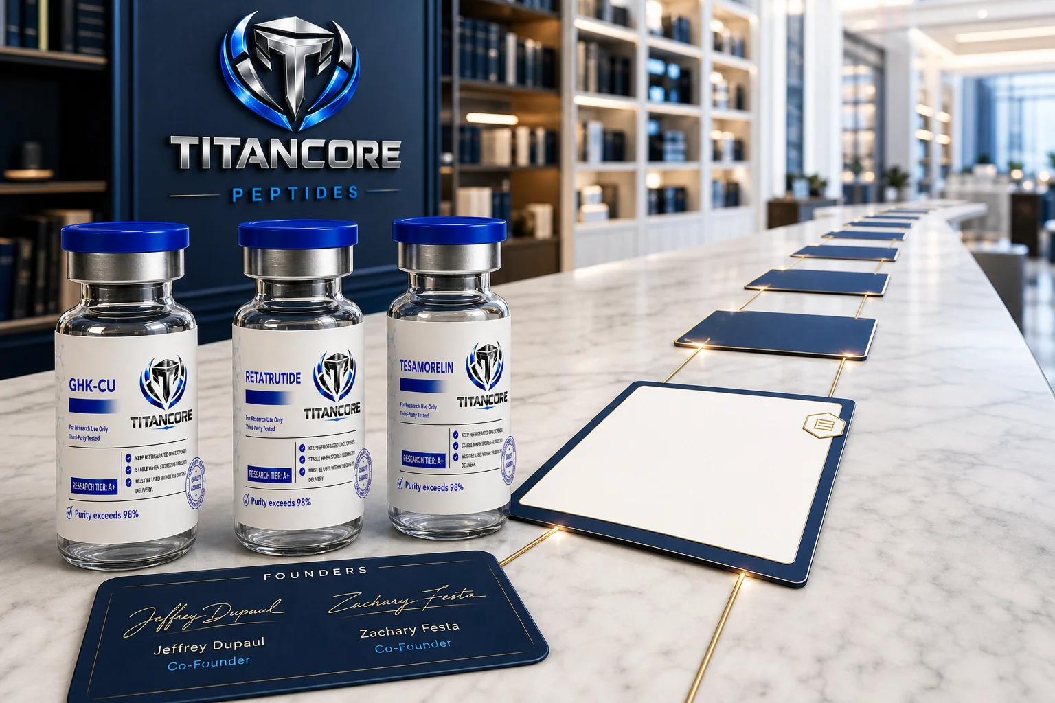 Titan Core MOTS-c research vial beside an opened shipping box, a smartphone ready to photograph the label and a certificate of analysis
